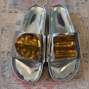 Tory Burch Silver Slide Sandals with Gold Accents